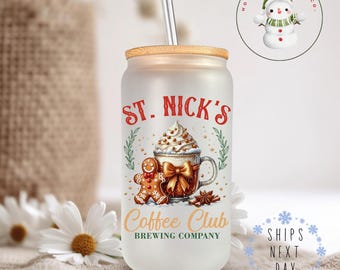 St Nicks Social Club Christmas Glass Tumbler Cup | Santa Holiday Iced Coffee Cup | 16 oz/20 oz | Cute Xmas Cup | Gifts for Her | Book Club
