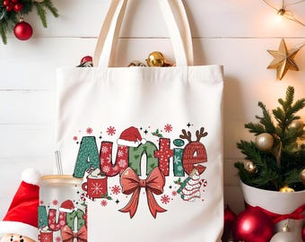 Auntie Christmas Tote Bag and Frosted 16 oz Libbey Glass Cup, Large Tote Gift Bag, Ice Coffee Cup with Lid and Straw