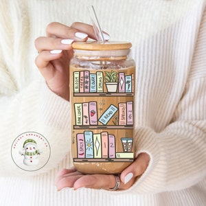 Bookshelf Bookish Glass Tumbler | Custom Reader Iced Coffee Cup | 20 oz | Bookclub | Book Lovers