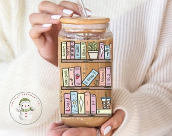 Bookshelf Bookish Glass Tumbler | Custom Reader Iced Coffee Cup | 20 oz | Bookclub | Book Lovers