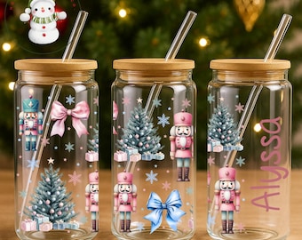 Personalized Nutcracker Christmas Glass Tumbler: Coquette Iced Coffee Cup (16/20 oz)
