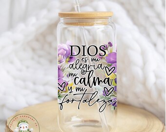 Dios es mi Alegria Glass Libbey Cup | Mi Calma y Mi Fortaleza Iced Coffee Cup | 16 oz/20 oz | Spanish Religious Coffee Cup