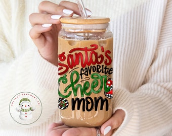 Santas Favorite Cheer Mom Glass Tumbler | Custom Cheer Mom Iced Coffee Cup | 16 oz or 20 oz | Gifts for Her | Birthday | Christmas Team Mom