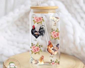 Chickens Glass Libbey Cup | Pretty Chicken Tumbler Iced Coffee Cup | 16 oz/20 oz | Farm Theme | Farm Girl Cup