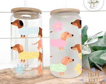 Pastel Dachshund Puppy Dog Glass Tumbler Cup | Dachshund Mom Iced Coffee Cup | 16 oz/20 oz | Cute Dog Cup | Book Club Gift