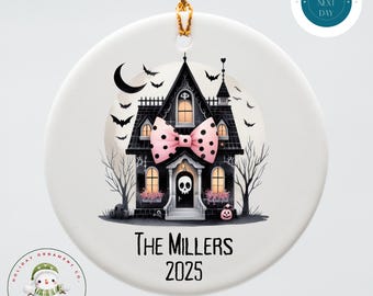 Personalized Family Name Halloween Ceramic Ornament: Pink Bow Haunted House