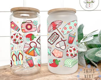 Strawberry Summer Glass Libbey Cup | Beach Strawberry Theme Iced Coffee Cup | 16 oz/20 oz | Party Favors | Gift for Her | Pool Party