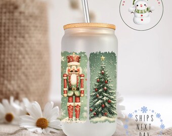 Watercolor Green Nutcracker Scenes Glass Tumbler Cup | Pretty Holiday Iced Coffee Cup | 16 oz/20 oz | Cute Xmas Cup | Book Club Gift