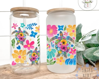 Hawaii Turtles Coffee Glass Tumbler Cup | Cute Sea Life Iced Coffee Cup | 16 oz/20 oz | Beach Theme Cup