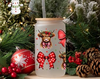 Highland Christmas Cows Glass Tumbler Cup | Pretty Red Bows Holiday Iced Coffee Cup | 16 oz/20 oz | Plaid Bows Xmas Cup | Book Club Gift