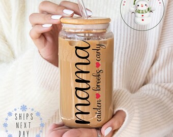 Personalized Mama Kids Names Glass Tumbler | Custom Mom Iced Coffee Cup | 16 oz or 20 oz | Gifts for Her | Mothers Day Gift Gift | Birthday