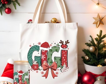 Gigi Christmas Tote Bag and Frosted 16 oz Libbey Glass Cup, Large Tote Gift Bag, Ice Coffee Cup with Lid and Straw