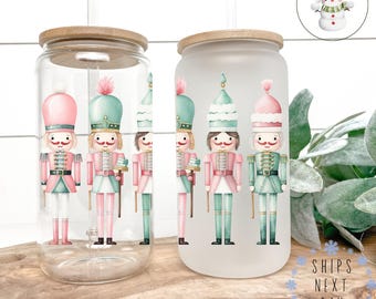 Watercolor Nutcracker Christmas Glass Tumbler Cup | Pretty Holiday Iced Coffee Cup | 16 oz/20 oz | Cute Xmas Cup | Book Club Gift