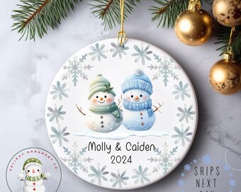 Brother and Sister Snowman Christmas Ornament | Cousins Boy Girl Holiday Ornament | Personalized Ceramic Ornament Gift