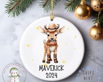 Cowboy Baby Deer Personalized Name Christmas Ornament | Keepsake Kids Glass or Ceramic Holiday Ornament | Farm Country Kids Ornament