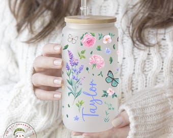 Butterfly Flowers Personalized Glass Cup Lid Straw | Custom Name Iced Coffee Cup | 16 oz/20 oz Frosted or Clear | Gift for Her