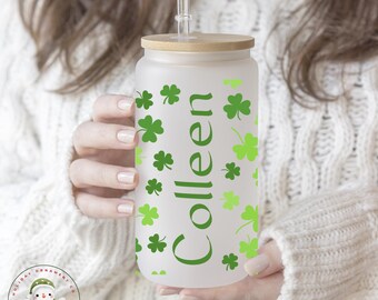 Personalized St Patricks Day Glass Tumbler Cup | Shamrock Name Libbey Iced Coffee Cup | 16 oz/20 oz | Cute Book Club Cup | Gift for Her