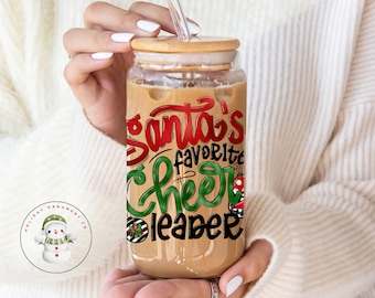 Santas Favorite Cheerleader Mom Glass Tumbler | Custom Cheerleader Iced Coffee Cup | 16 oz or 20 oz | Gifts for Her  Christmas Gift