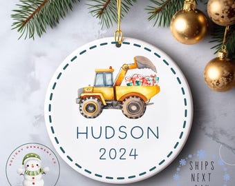 Yellow Dumptruck Personalized Name Christmas Ornament | Construction Boys Ceramic Holiday Ornament | Keepsake Gift Baby