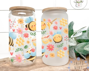 Bumblebee Glass Libbey Coffee Cup | Flower Garden Iced Coffee Cup | 16 oz/20 oz | Bridal Party Favors | Gift for Her | Pretty Girly Cup