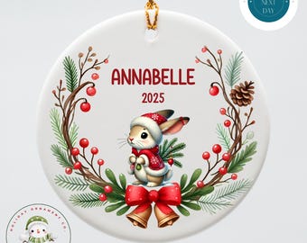 Personalized Bunny Wreath Christmas Ornament | Keepsake Ceramic Holiday Ornament