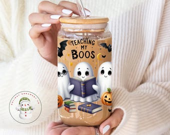 Teaching my Boos Ghost Glass Tumbler Cup | Halloween Iced Coffee Cup | 16 oz/20 oz | Cute Teacher  Cup | Gifts for Her