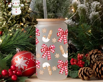 Gingham Bows Christmas Glass Tumbler : Custom Holiday Iced Coffee Cup (16/20 oz)