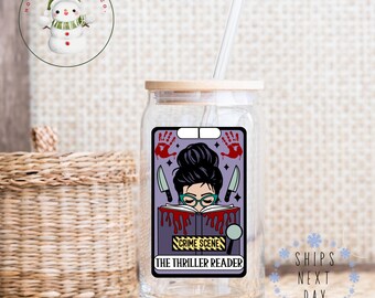 The Thriller Reader Glass Tumbler Cup | Mystery Crime Reader Iced Coffee Cup | 16 oz/20 oz | Bookish Tarot Card Cup | Gifts for Her