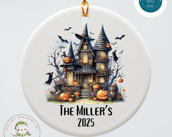 Personalized Couple Halloween Ornament | Spooky Haunted House Halloween Ceramic Holiday Ornament | Spooky Holiday Gift