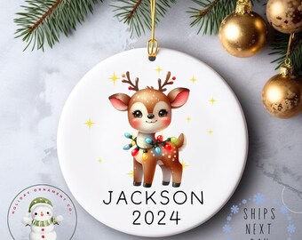 Baby Reindeer in Lights Personalized Name Christmas Ornament | Cute Kids Glass or Ceramic Holiday Ornament | Keepsake Gift
