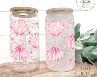 Pink Seashells Pearls Glass Libbey Cup | Sea Shell Iced Coffee Cup | 16 oz/20 oz | Bridal Party Favors | Gift for Her | Pretty Girly Cup