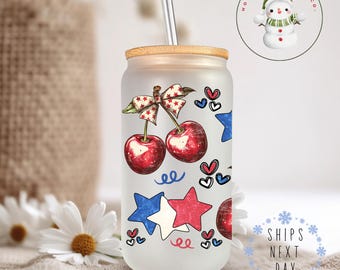Watercolor Cherries and Stars Glass Tumbler Cup | Americana Iced Coffee Cup | 16 oz/20 oz Libbey Beer Cup | 4th of July | Cute Party Favors