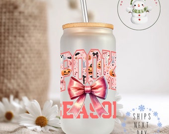 Spooky Season Coquette  Glass Tumbler Cup | Halloween Iced Coffee Cup | 16 oz/20 oz | Cute Reader Cup | Gifts for Her