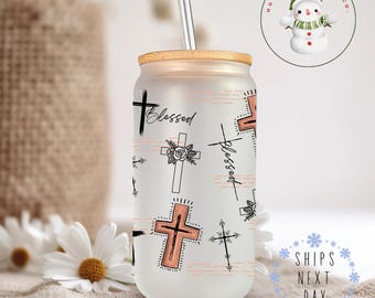 Blessed Crosses Glass Tumbler Cup | Christian Religious Libbey Iced Coffee Cup | 16 oz/20 oz | Gifts for Her