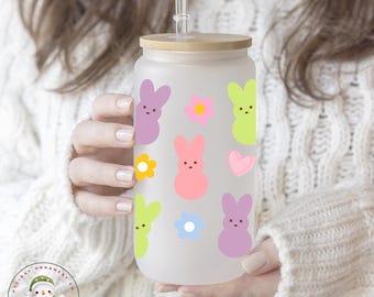 Easter Peeps and Hearts Glass Iced Coffee Cup | Easter Libbey Cup | 16 oz/20 oz | Easter Gifts | Gift for Her