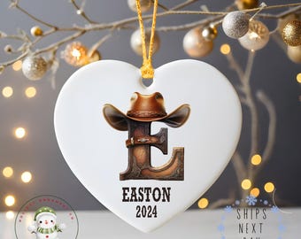Cowboy Personalized Letter Name Christmas Ornament | Keepsake Ceramic Holiday Ornament | Farm  Gift Baby