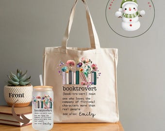 Booktrovert Tote Bag and Personalized Glass Cup, Bookish Gift for Book Lover, Choose Large Tote Gift Bag and Ice Coffee Cup Lid/Straw
