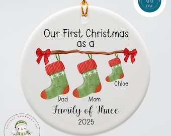 First Christmas As A Family of Three Christmas Ornament | New Baby Holiday Ornament | Family Personalized Ceramic Ornament Gift