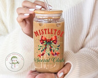 Mistletoe Social Club Christmas Glass Tumbler Cup | Fun Holiday Iced Coffee Cup | 16 oz/20 oz | Cute Xmas Cup | Gifts for Her | Book Club