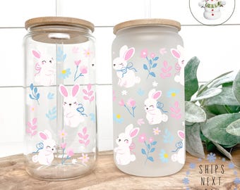 Spring Bunny Glass Coffee Cup | Easter Springtime Iced Libbey Cup | 16 oz/20 oz | Party Favors | Book Club Matching Cups