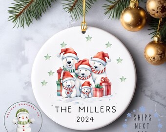 Family of Five Personalized Name Christmas Ornament | Polar Bear Family Glass or Ceramic Holiday Ornament | Keepsake Gift | Multiple Options