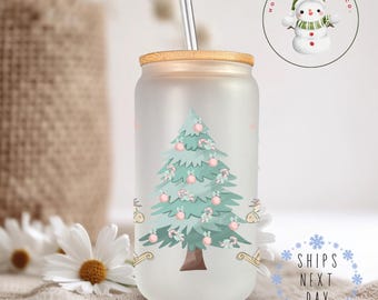 Watercolor Christmas Tree Rocking Horse Glass Tumbler Cup | Pretty Holiday Iced Coffee Cup | 16 oz/20 oz | Cute Xmas Cup | Book Club Gift