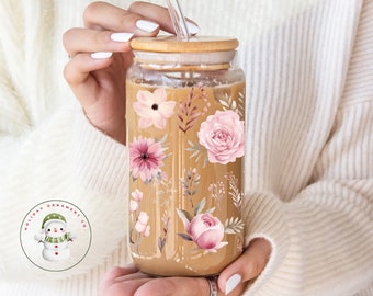 Pretty Pink Flowers Glass Tumbler Cup | Floral Iced Coffee Cup | 16 oz/20 oz | Party Favors | Gifts for Her