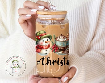 Santa Christmas Basics Glass Tumbler Cup | Snowman Holiday Iced Coffee Cup | 16 oz/20 oz | Cute Xmas Cup | Gifts for Her