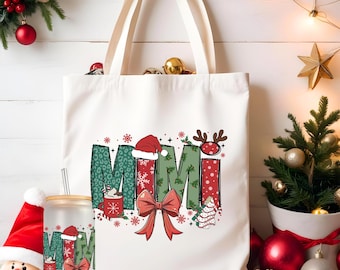 Mimi Christmas Tote Bag and Frosted 16 oz Libbey Glass Cup, Large Tote Gift Bag, Ice Coffee Cup with Lid and Straw