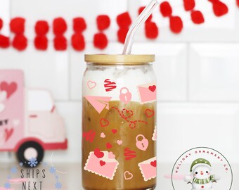 Valentine Notes Libbey Glass Tumbler | Girlfriend Wife Gift Girly Iced Coffee Cup | 16 oz or 20 oz | Bookclub Cup | Party Favors