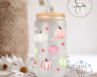 Watercolor Pumpkin Daisies Glass Tumbler Cup | Fall Thanksgiving Iced Coffee Cup | 16 oz/20 oz | Cute Libbey Cup | Gifts for Her