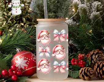 Cutsey Santa and Bows Pink Christmas Glass Tumbler Cup | Gorgeous Holiday Iced Coffee Cup | 16 oz/20 oz | Coquette Xmas Cup | Book Club Gift