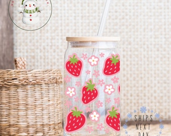 Cute Strawberry Glass Tumbler | Summer Beach Iced Coffee Cup | 16 oz or 20 oz | Gifts for Her | Favors | Mothers Day Gift