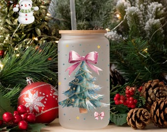 Watercolor Coquette Green Christmas Trees Glass Tumbler Cup | Girly Holiday Iced Coffee Cup | 16 oz/20 oz | Pretty Xmas Cup | Book Club Gift